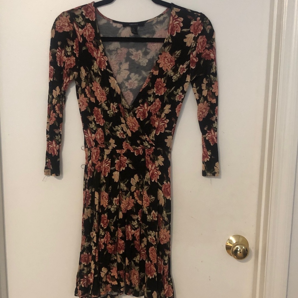 Forever 21 Black Floral Wrap Dress with Pink Roses